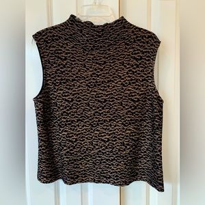 St. John  tan and black print, mock turtleneck knit shell. Size Large.